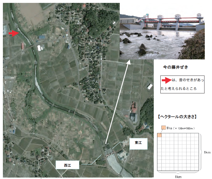 空から見た藤井ぜきと鯖石川